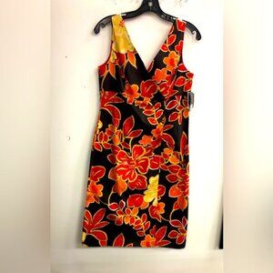 NWT MADISON LEIGH RED AND BLACK COTTON FLORAL SLEEVELESS V CROSS NECK SIZE 10